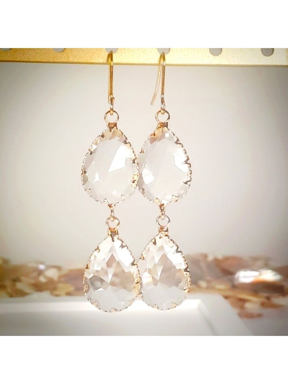 Double Drop Pear Shaped Drop Glass Earrings Gold Embellishments NEW on Card